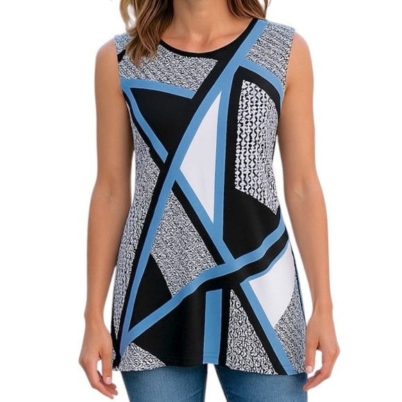 MACY’S ALFANI Tunic blouse High low Side slits Black White Blue Size Large - Picture 1 of 9